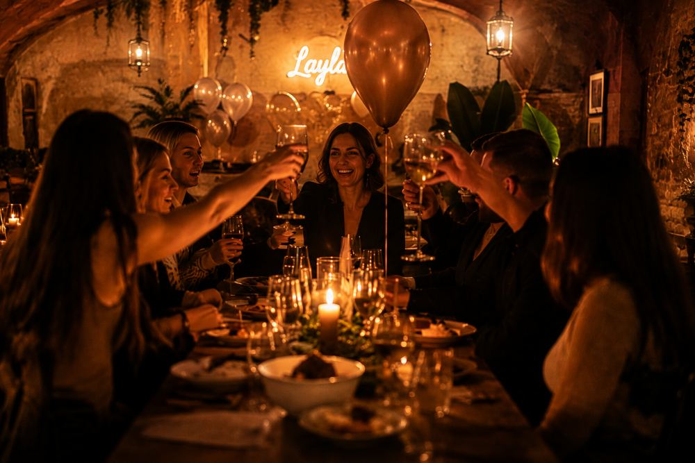 Goście świętujący urodziny przy suto zastawionym stole w Layla Resto Bar