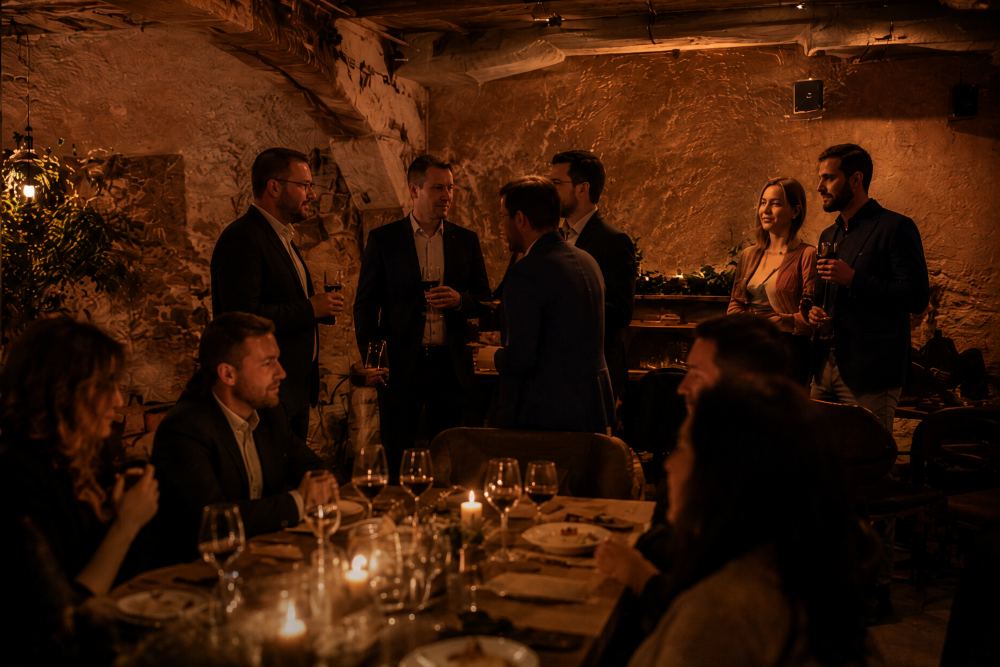 Goście spotkania firmowego przy lampce wina w klimatycznym wnętrzu Layla Resto Bar