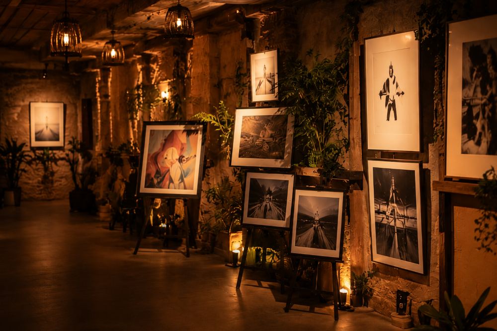 Wernisaż fotografii i grafik na sztalugach w kamiennej piwnicy Layla Resto Bar