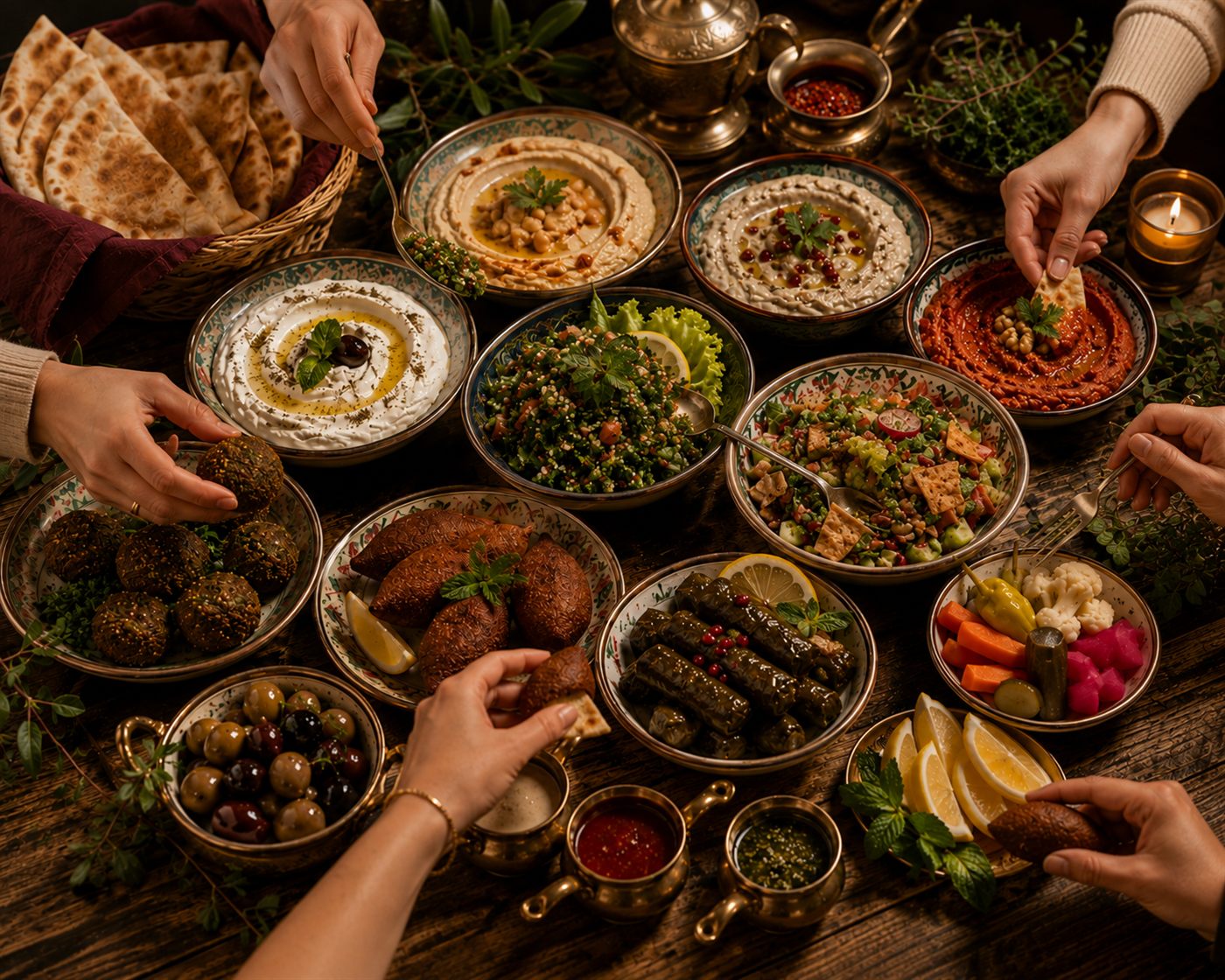 A generously laid table of Lebanese mezze, with guests sharing food at Layla Resto Bar