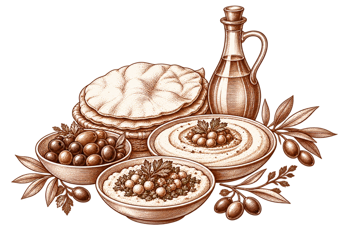 Ilustracja hummusu, pity i oliwek