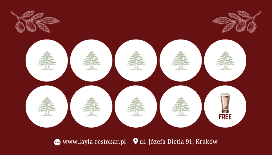 Layla Resto Bar loyalty card - ten fields for stamps, tenth beer free