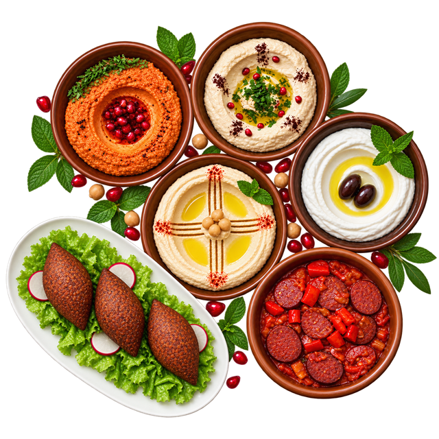 Cold mezze - hummus, falafel, tabbouleh and olives