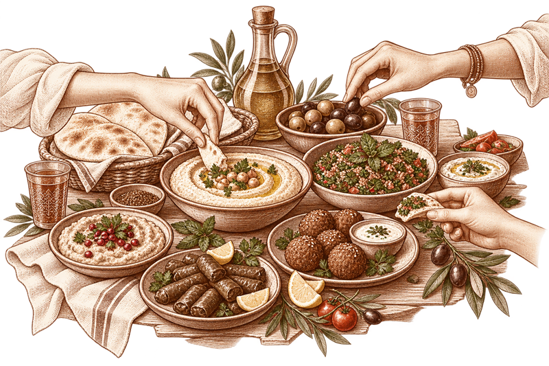 Ilustracja gości dzielących się libańskimi mezze przy wspólnym stole