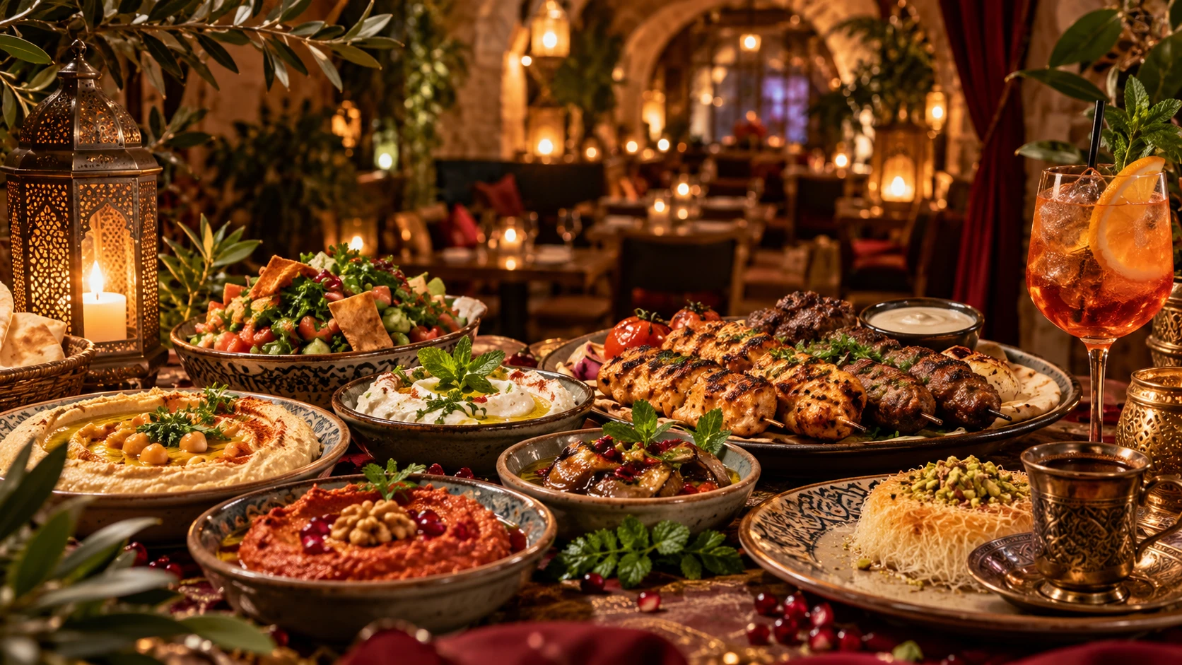Ilustracja wygenerowana przez AI: stół pełen libańskich potraw, z mezze, grillowanym mięsem, deserem i tradycyjną kawą, w sklepionym wnętrzu oświetlonym lampionami